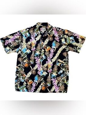 Hilo Hattie The Hawaiian Original Ukulele & Postcard Aloha Shirt Black Size M
